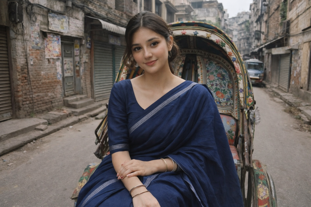Bengali girl in blue saree sitting on a traditional rickshaw in Old Dhaka